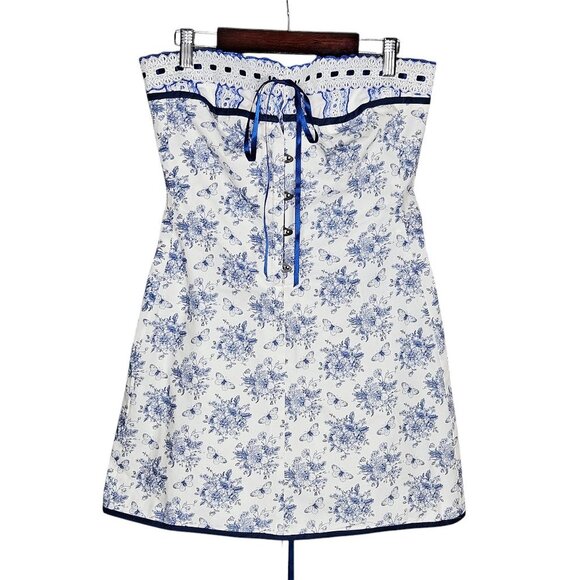 With Jean Sabrin Toile Papillon Strapless Floral Blue White Mini Dress Size M - Picture 4 of 13